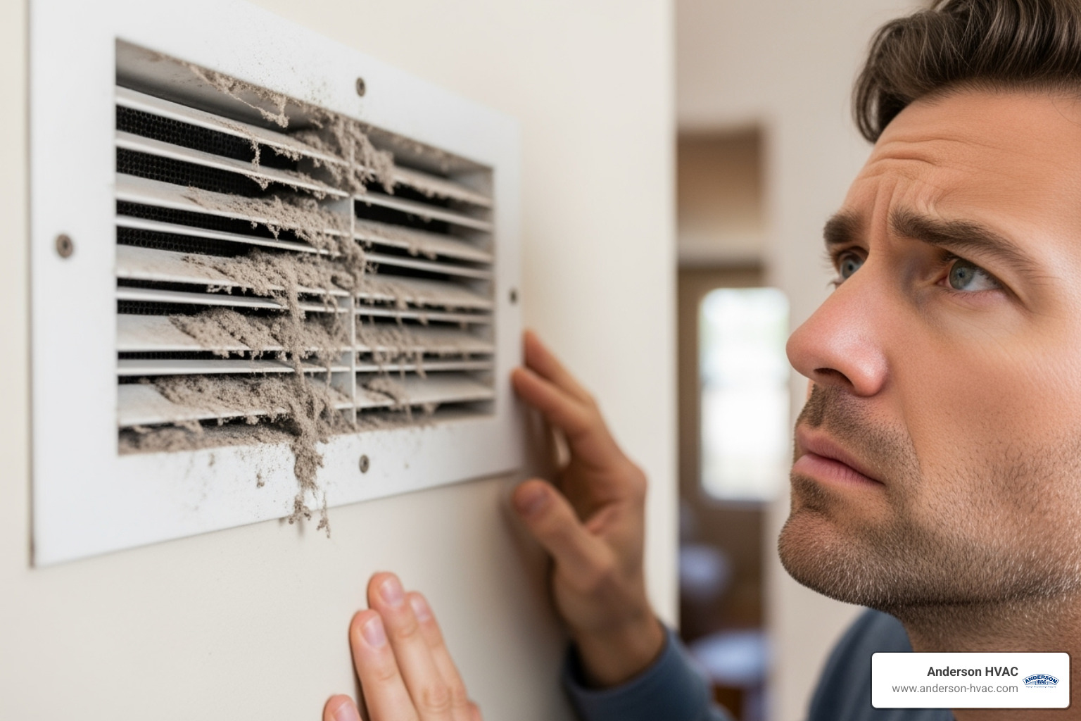 A homeowner looking concerned at a dusty air vent, highlighting the visual cue for needed duct cleaning - 24/7 duct cleaning repair in brigham city, ut A homeowner looking concerned at a dusty air vent, highlighting the visual cue for needed duct cleaning - 24/7 duct cleaning repair in brigham city, ut