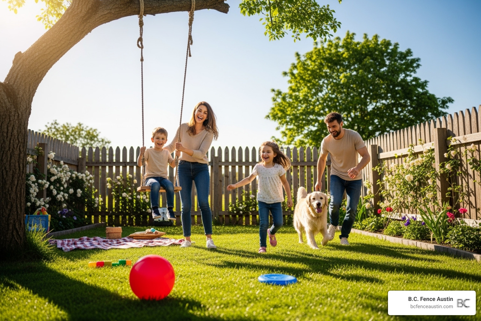 family playing safely in a fenced-in yard - fence installation Cedar Park