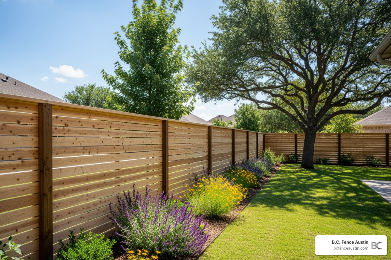 modern wood fence in a Cedar Park Texas backyard - fence installation Cedar Park