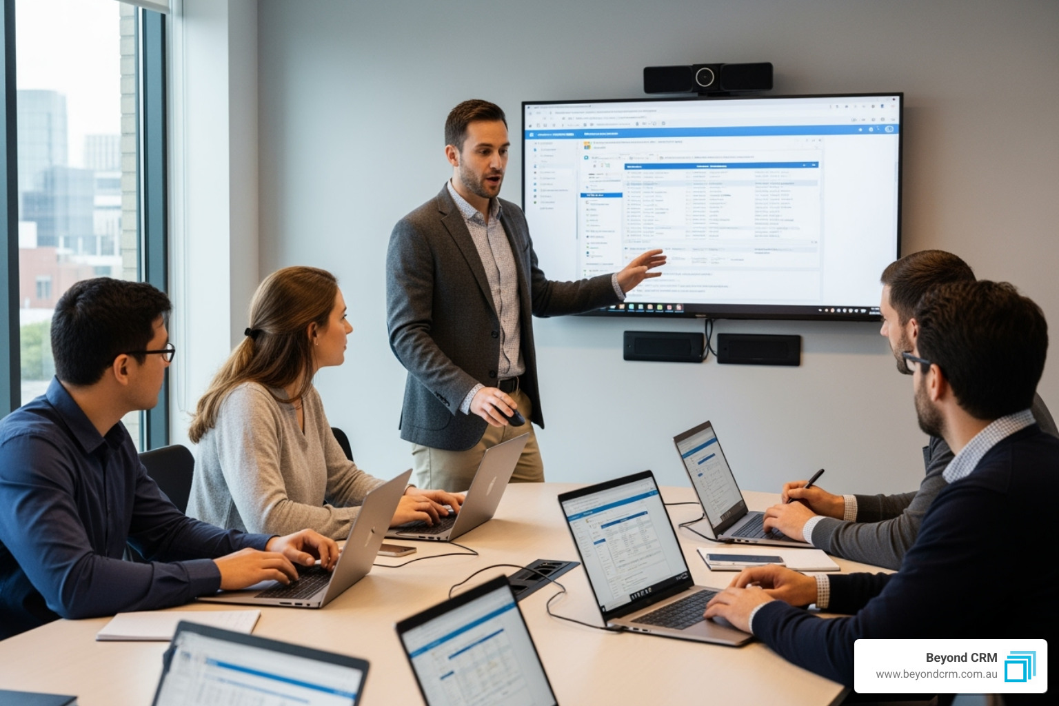 Team training session on laptops, showing the Dynamics 365 interface with a trainer explaining features to engaged participants - Microsoft Dynamics 365 setup