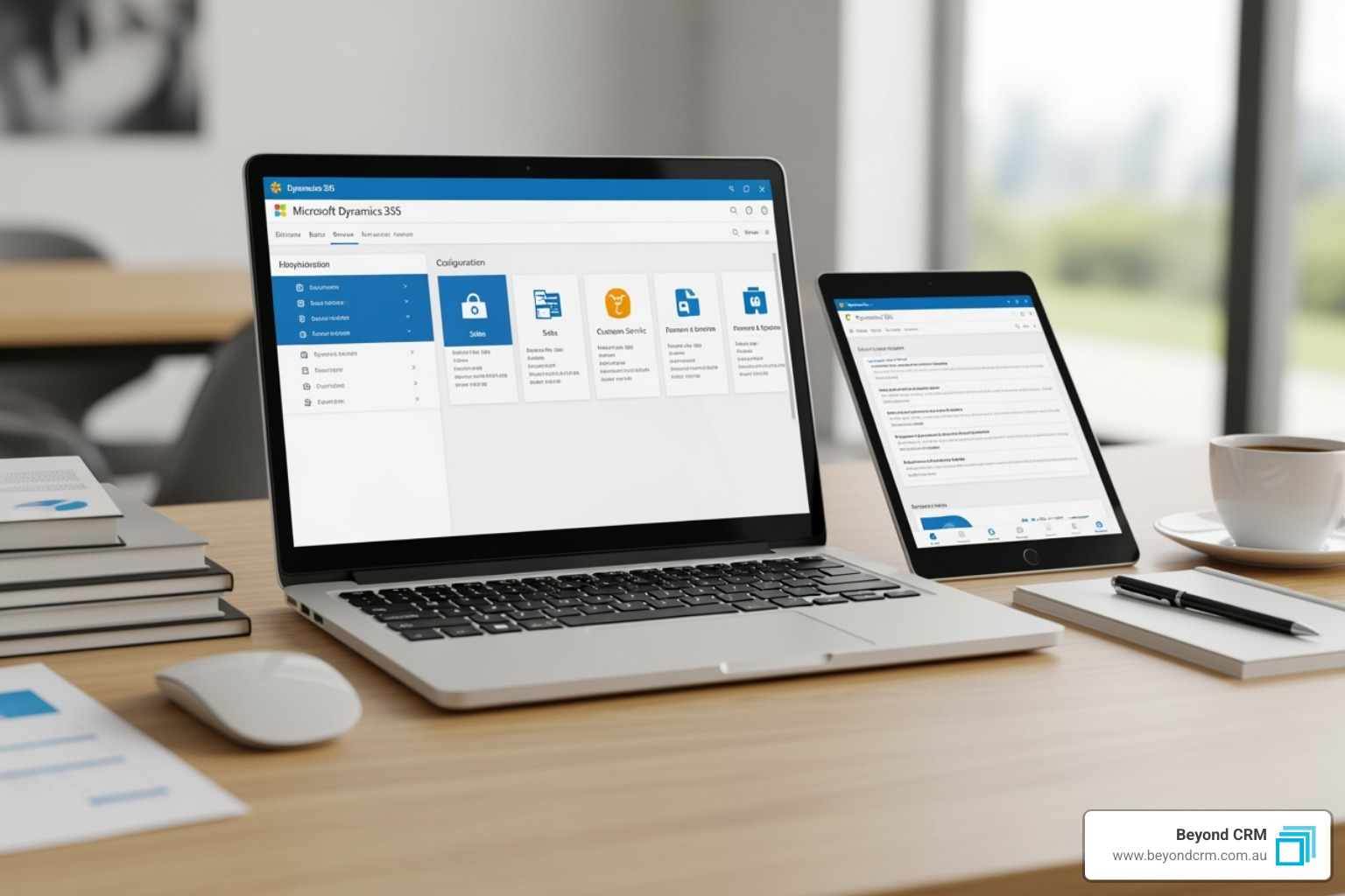 Flowchart showing Beyond CRM's four-phase setup process: 1. Findy and Planning, 2. Technical Setup, 3. Configuration and Customisation, 4. Deployment, Training, and Avoiding Common Pitfalls - Microsoft Dynamics 365 setup