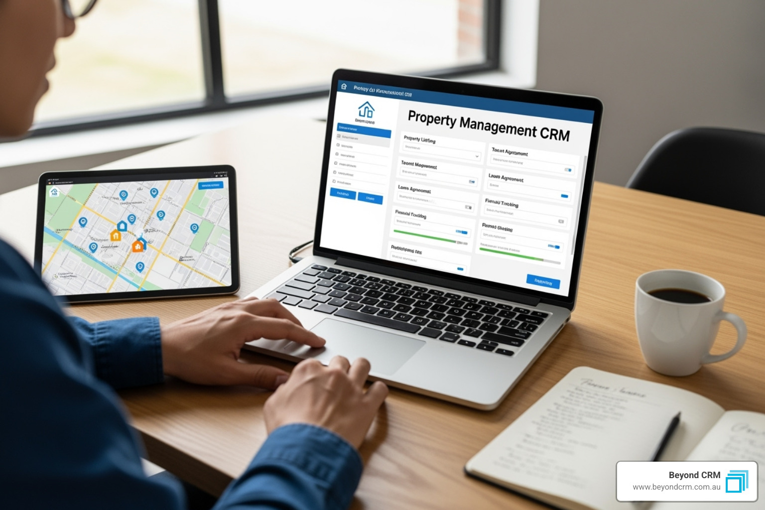 Team of property managers collaborating around a large screen displaying a CRM dashboard with property listings, tenant communications, and financial summaries - property management crm setup