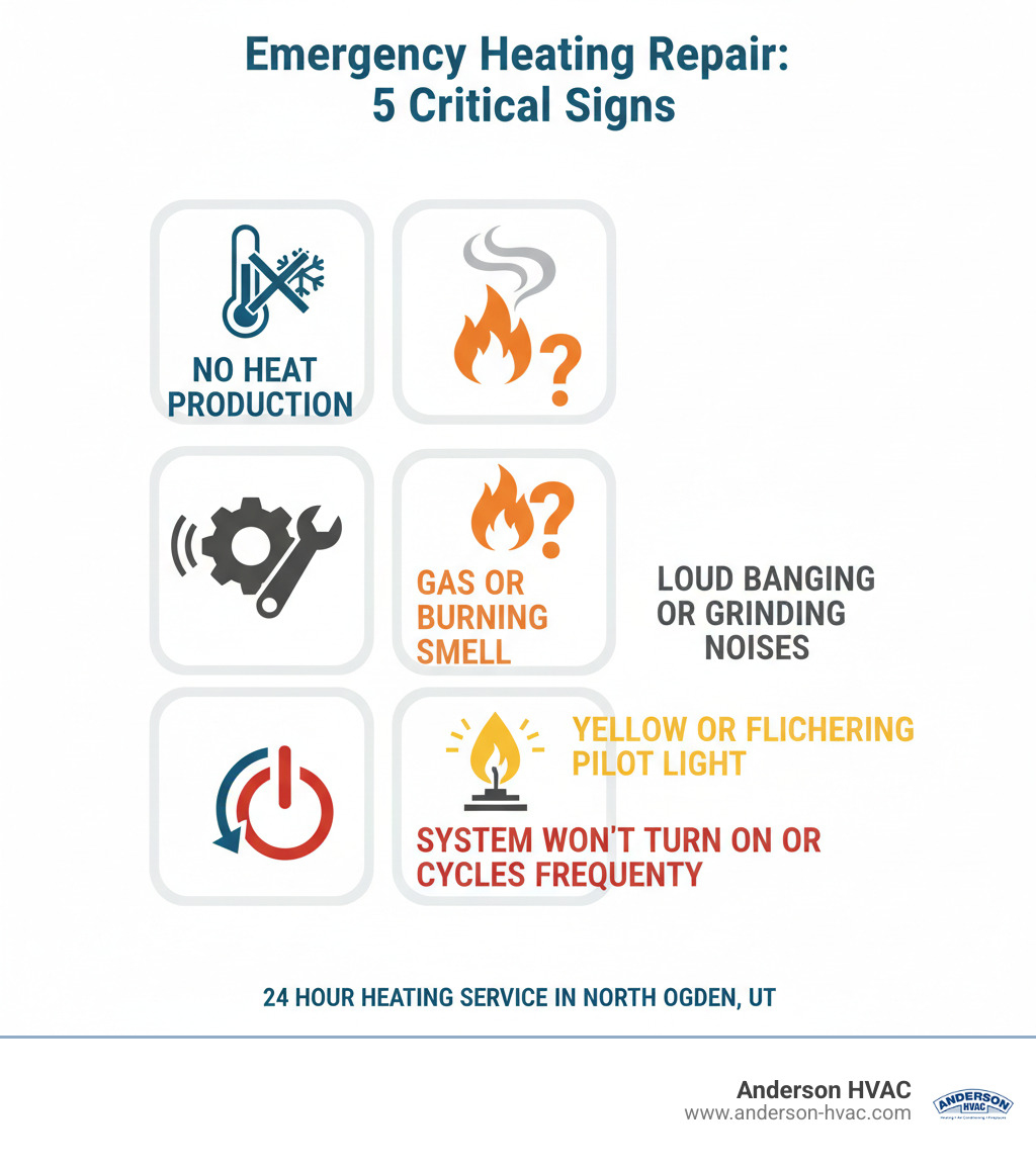 infographic showing five critical signs your heating system needs emergency repair: no heat production, gas or burning smell, loud banging or grinding noises, yellow or flickering pilot light, and system that won't turn on or cycles frequently - 24 hour heating service in north ogden, ut infographic 
