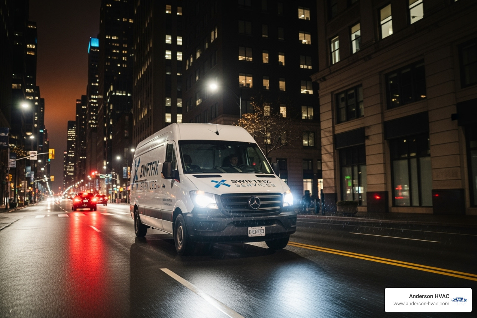 a professional service van with a logo driving on a street at night. - 24 hour heating service in north ogden, ut