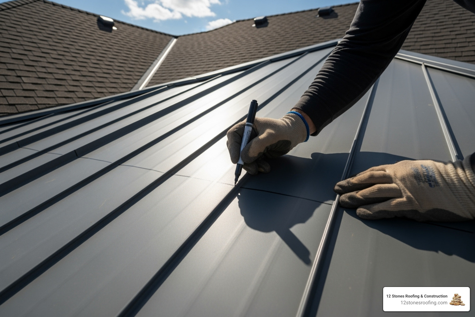roofer marking a metal panel - installing metal roofing on a hip roof roofer marking a metal panel - installing metal roofing on a hip roof