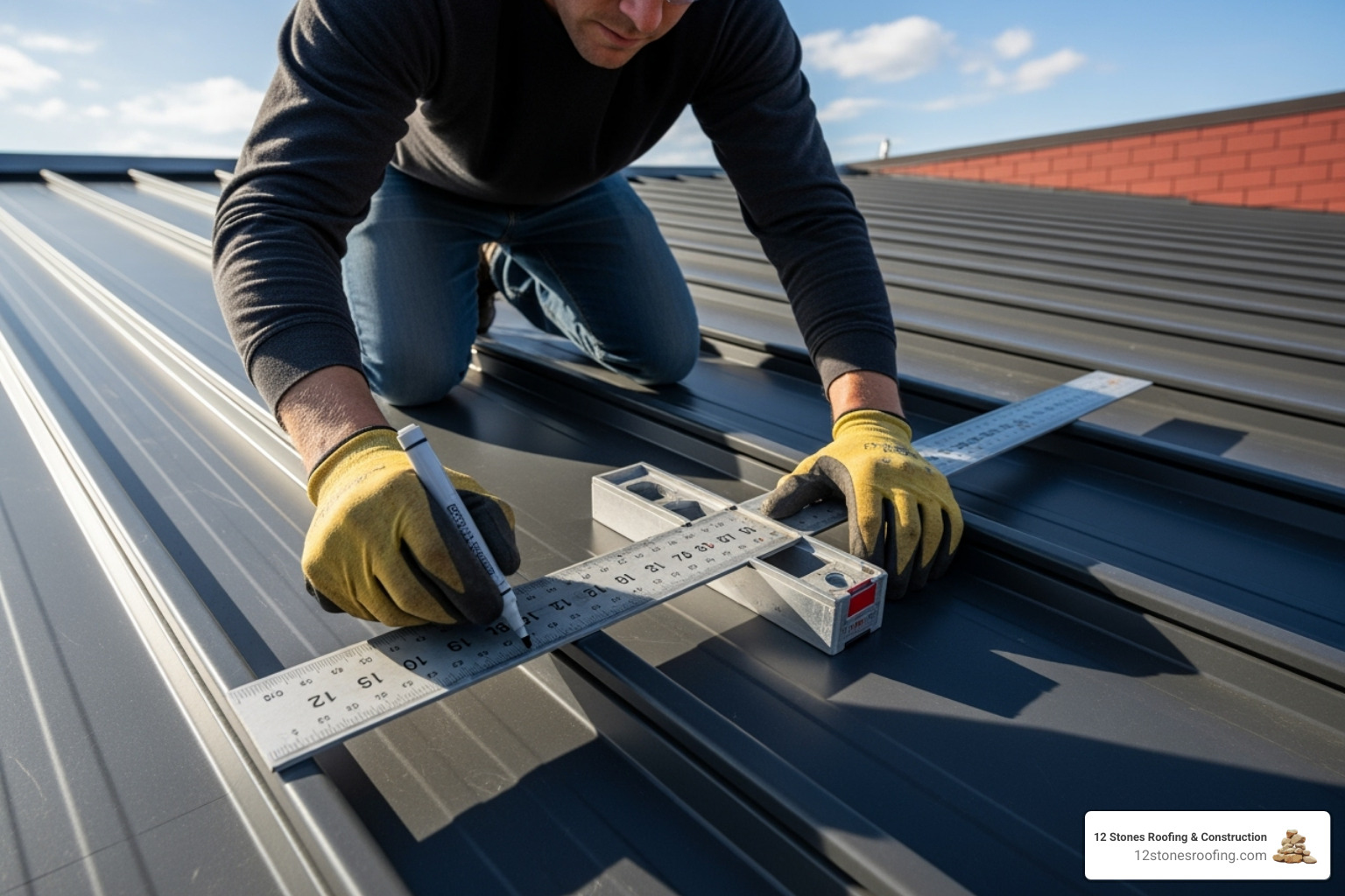 roofer using a T-square to mark a metal panel for an angled cut - installing metal roofing on a hip roof roofer using a T-square to mark a metal panel for an angled cut - installing metal roofing on a hip roof
