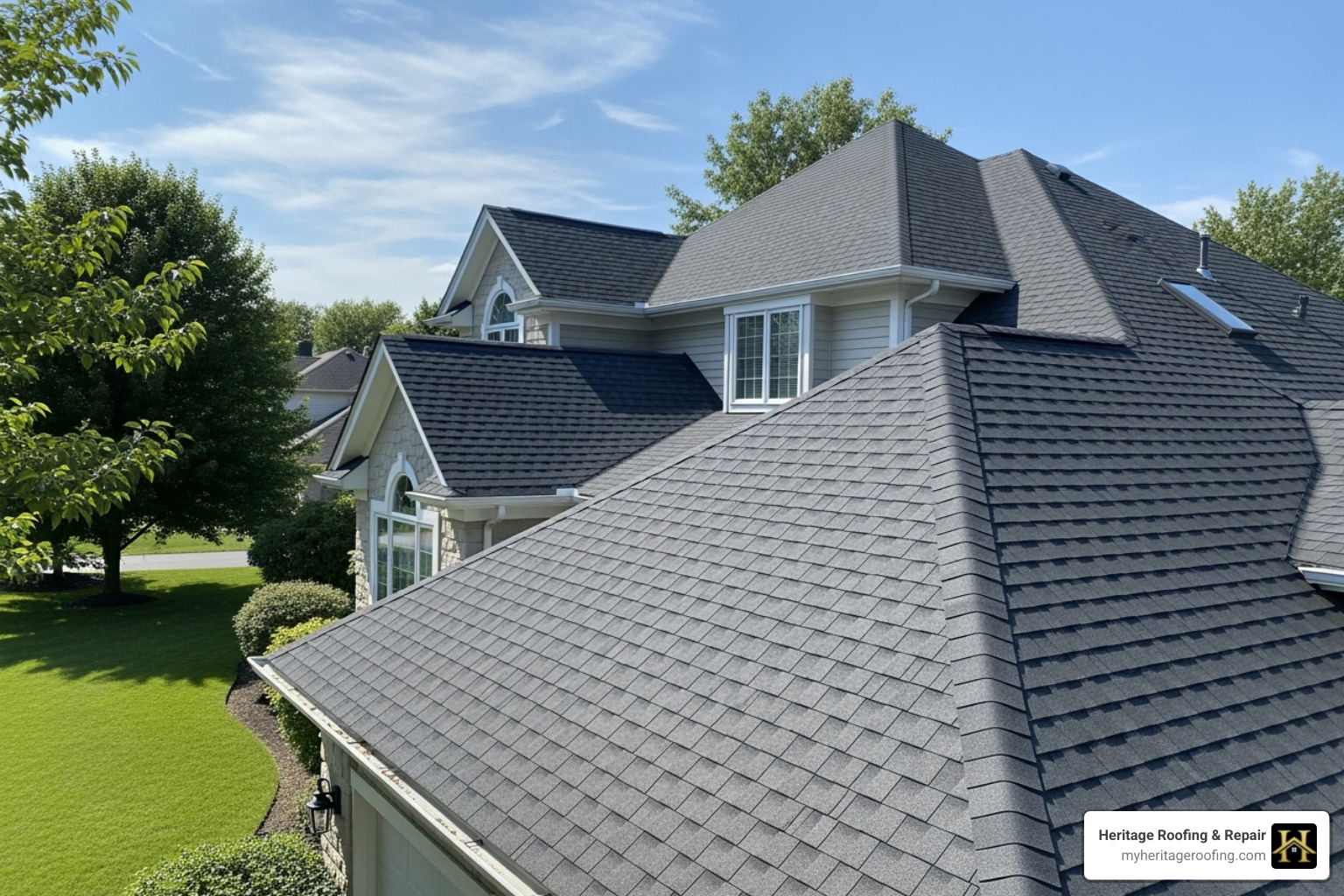 beautiful, newly replaced roof on a home - filing roof insurance claim