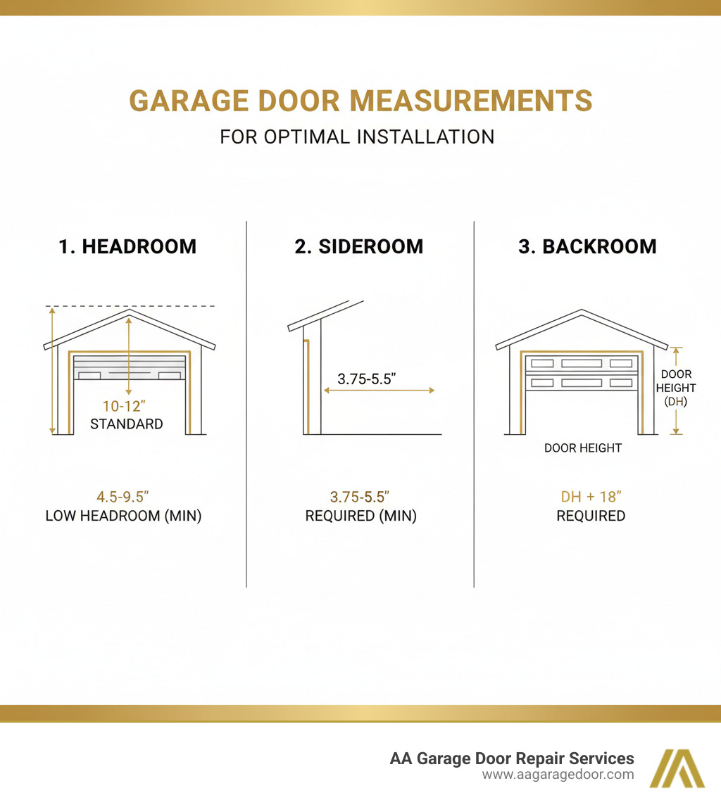 Infographic showing three measurement diagrams: 1) Headroom measurement from top of door opening to ceiling/obstruction with minimum requirements labeled (10-12" standard, 4.5-9.5" low headroom), 2) Sideroom measurement from door jamb to wall (minimum 3.75-5.5" required), and 3) Backroom measurement from door opening to back wall (door height plus 18" required). Each diagram includes a simple garage cross-section view with measurement arrows and dimension callouts. - low overhead garage door installation infographic Infographic showing three measurement diagrams: 1) Headroom measurement from top of door opening to ceiling/obstruction with minimum requirements labeled (10-12" standard, 4.5-9.5" low headroom), 2) Sideroom measurement from door jamb to wall (minimum 3.75-5.5" required), and 3) Backroom measurement from door opening to back wall (door height plus 18" required). Each diagram includes a simple garage cross-section view with measurement arrows and dimension callouts. - low overhead garage door installation infographic