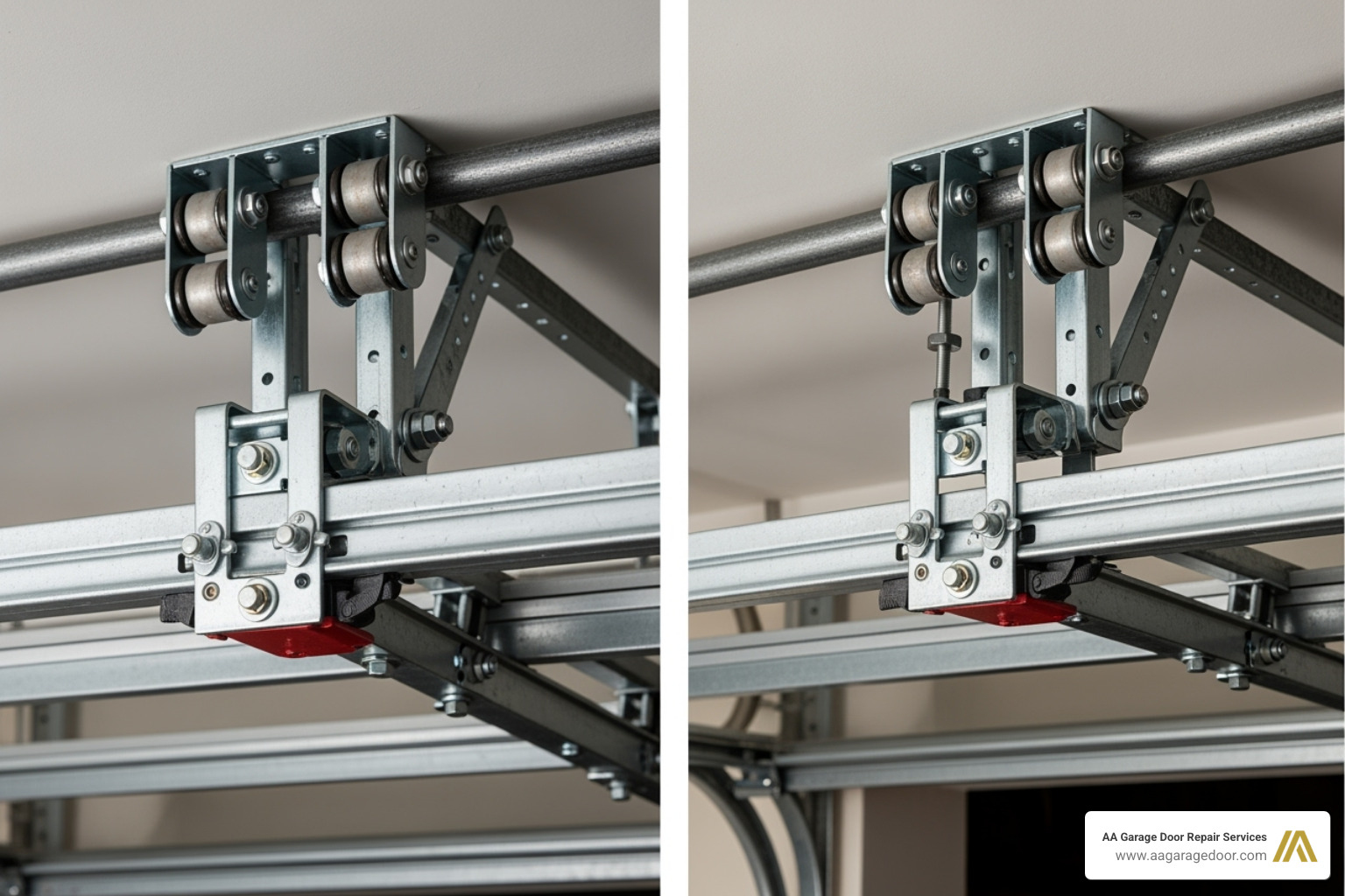 comparison of a double-track system next to a single track with specialized low headroom hardware - low overhead garage door installation comparison of a double-track system next to a single track with specialized low headroom hardware - low overhead garage door installation