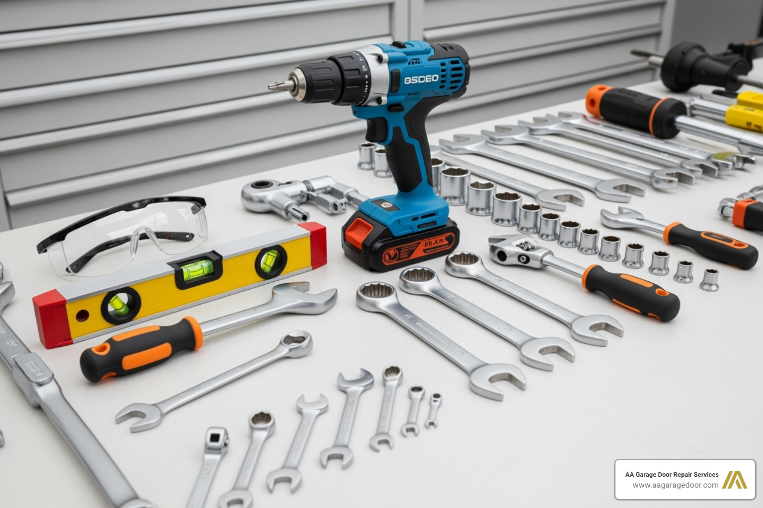 Tools laid out, including a drill, wrenches, level, and safety glasses - low overhead garage door installation Tools laid out, including a drill, wrenches, level, and safety glasses - low overhead garage door installation