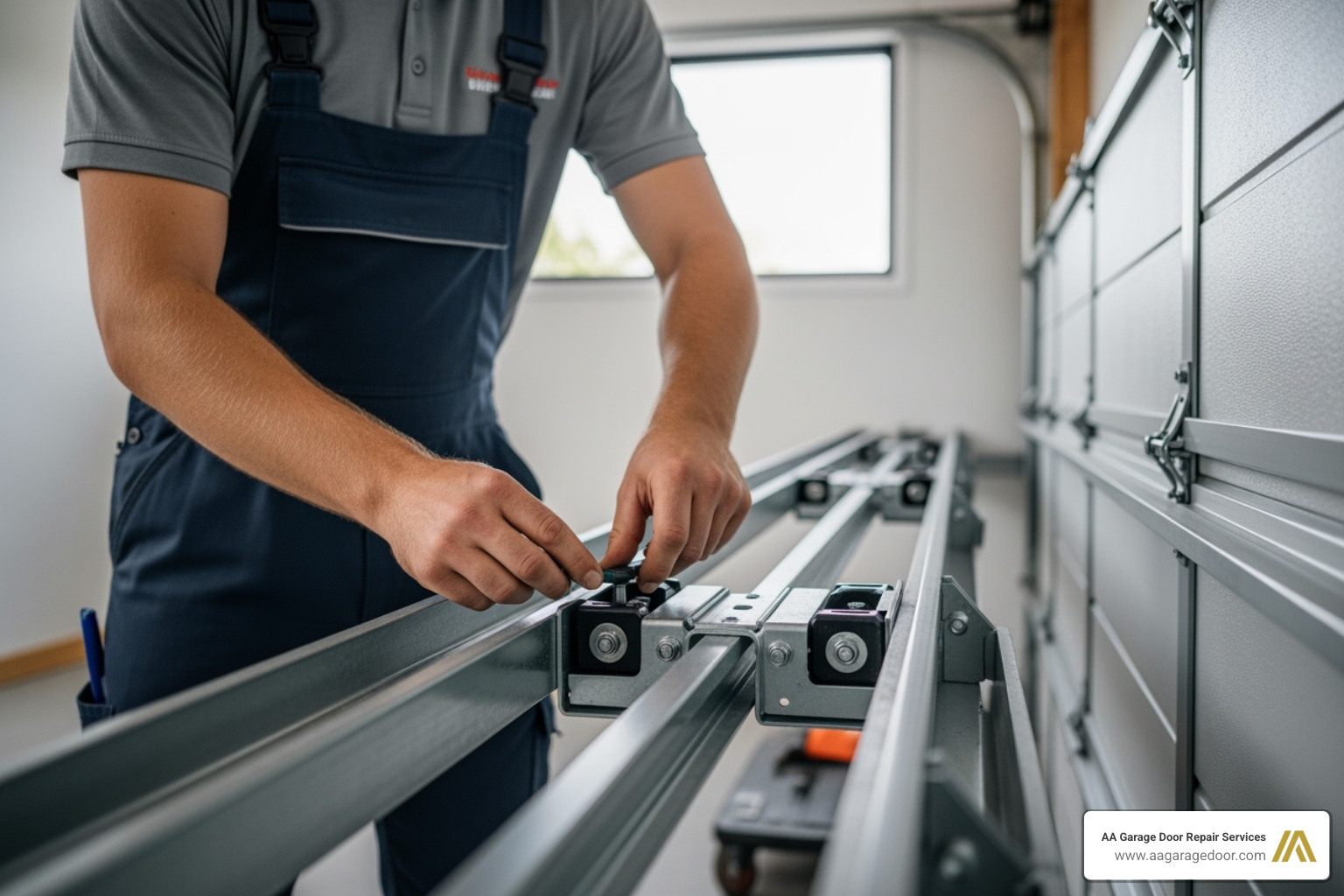 A uniformed garage door technician making adjustments to a low headroom track system - low overhead garage door installation A uniformed garage door technician making adjustments to a low headroom track system - low overhead garage door installation