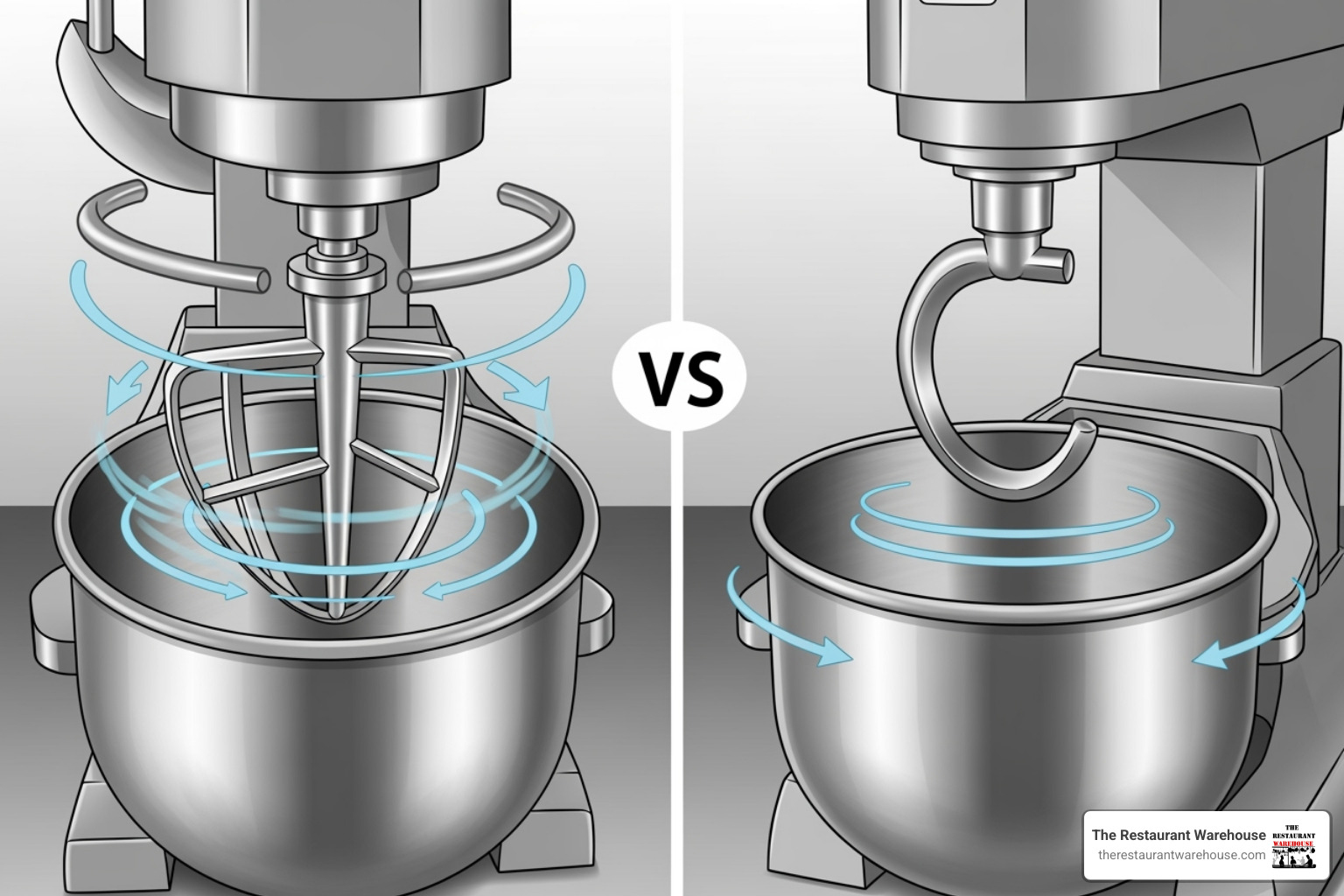 diagram illustrating the difference between a planetary mixer's "orbiting" beater and a spiral mixer's rotating bowl and stationary hook - Industrial stand mixer