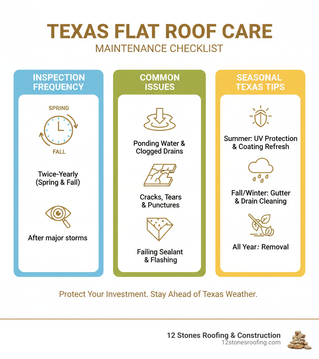 Comprehensive flat roof maintenance checklist showing inspection frequency, common issues to address, and seasonal care tips for Texas property owners - flat roof maintenance services infographic Comprehensive flat roof maintenance checklist showing inspection frequency, common issues to address, and seasonal care tips for Texas property owners - flat roof maintenance services infographic