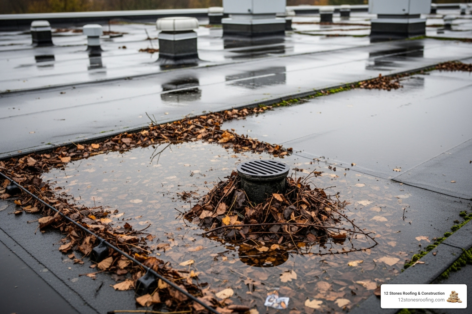 flat roof with visible debris, clogged drains, and standing water - flat roof maintenance services flat roof with visible debris, clogged drains, and standing water - flat roof maintenance services