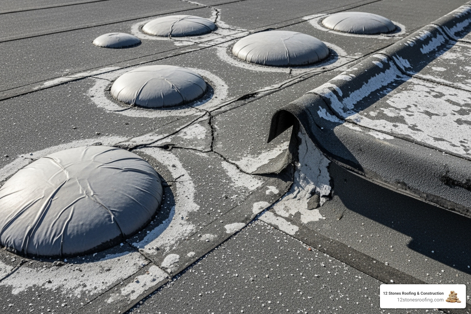 flat roof membrane showing blisters, cracks, and UV wear - flat roof maintenance services flat roof membrane showing blisters, cracks, and UV wear - flat roof maintenance services