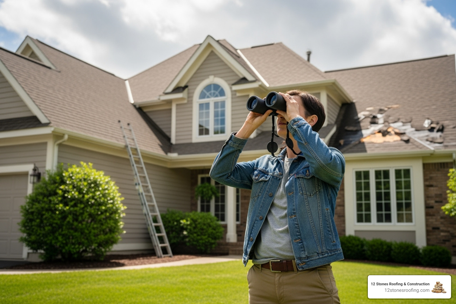 a homeowner inspecting their roof from the ground with binoculars. - Emergency roof repair cost a homeowner inspecting their roof from the ground with binoculars. - Emergency roof repair cost