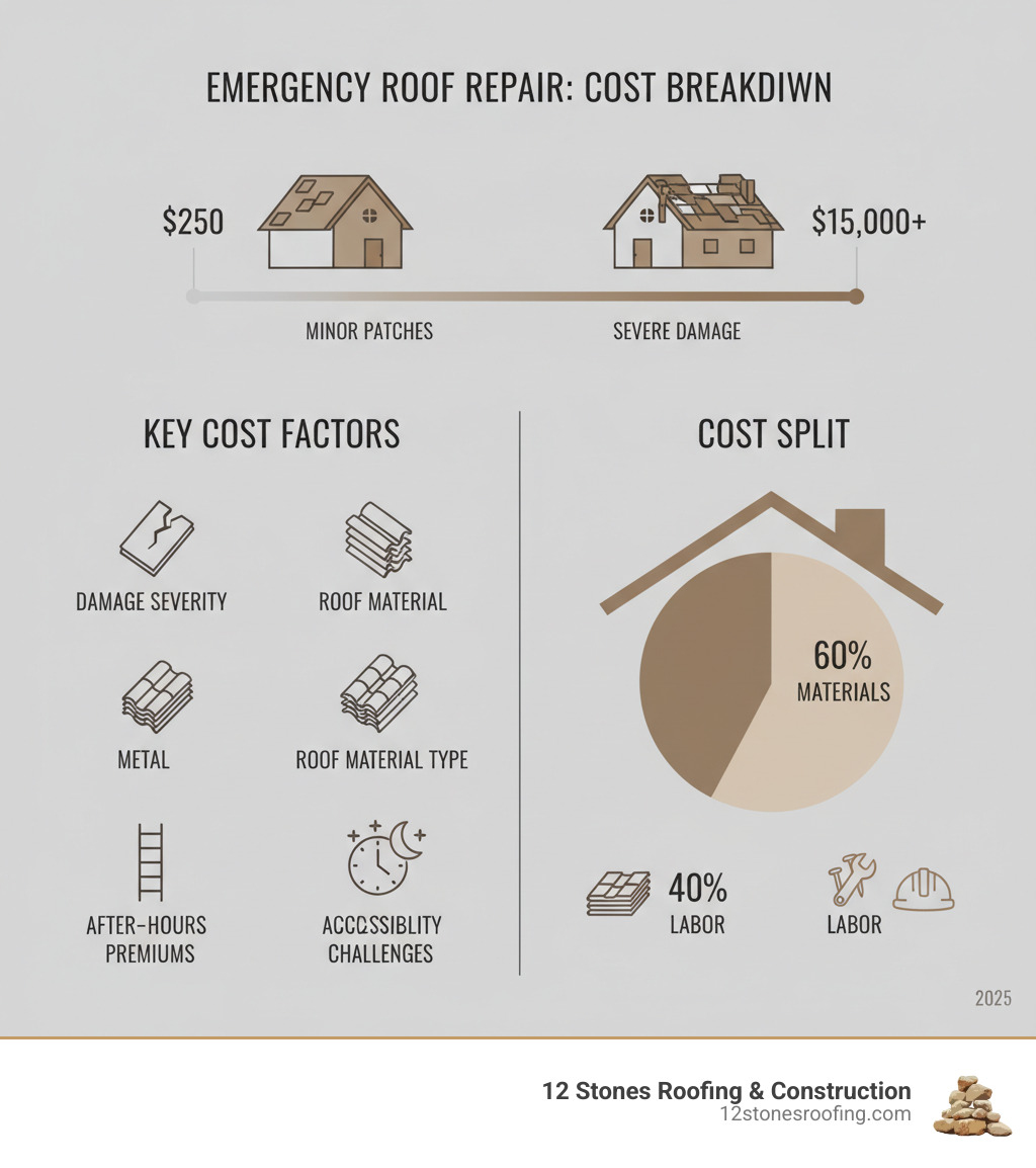 Emergency Roof Repair Cost Breakdown infographic showing the range of costs from $250 for minor patches to $15,000+ for severe damage, with key cost factors including damage severity, roof material type, accessibility challenges, and after-hours emergency premiums, plus a visual breakdown of the 60% materials vs 40% labor cost split - Emergency roof repair cost infographic Emergency Roof Repair Cost Breakdown infographic showing the range of costs from $250 for minor patches to $15,000+ for severe damage, with key cost factors including damage severity, roof material type, accessibility challenges, and after-hours emergency premiums, plus a visual breakdown of the 60% materials vs 40% labor cost split - Emergency roof repair cost infographic