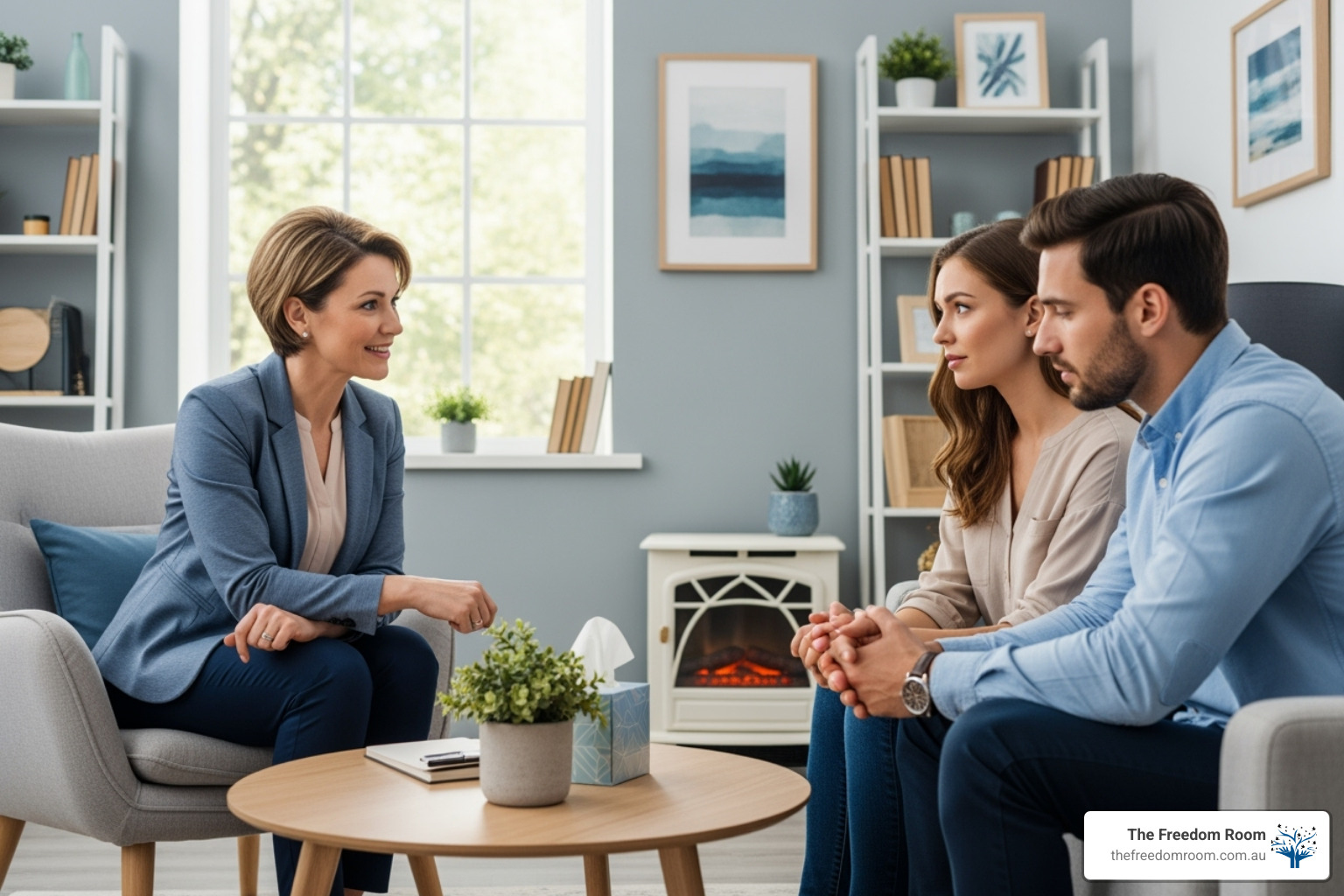 A compassionate therapist speaking with a couple in a professional, calming office setting - couples alcohol counseling