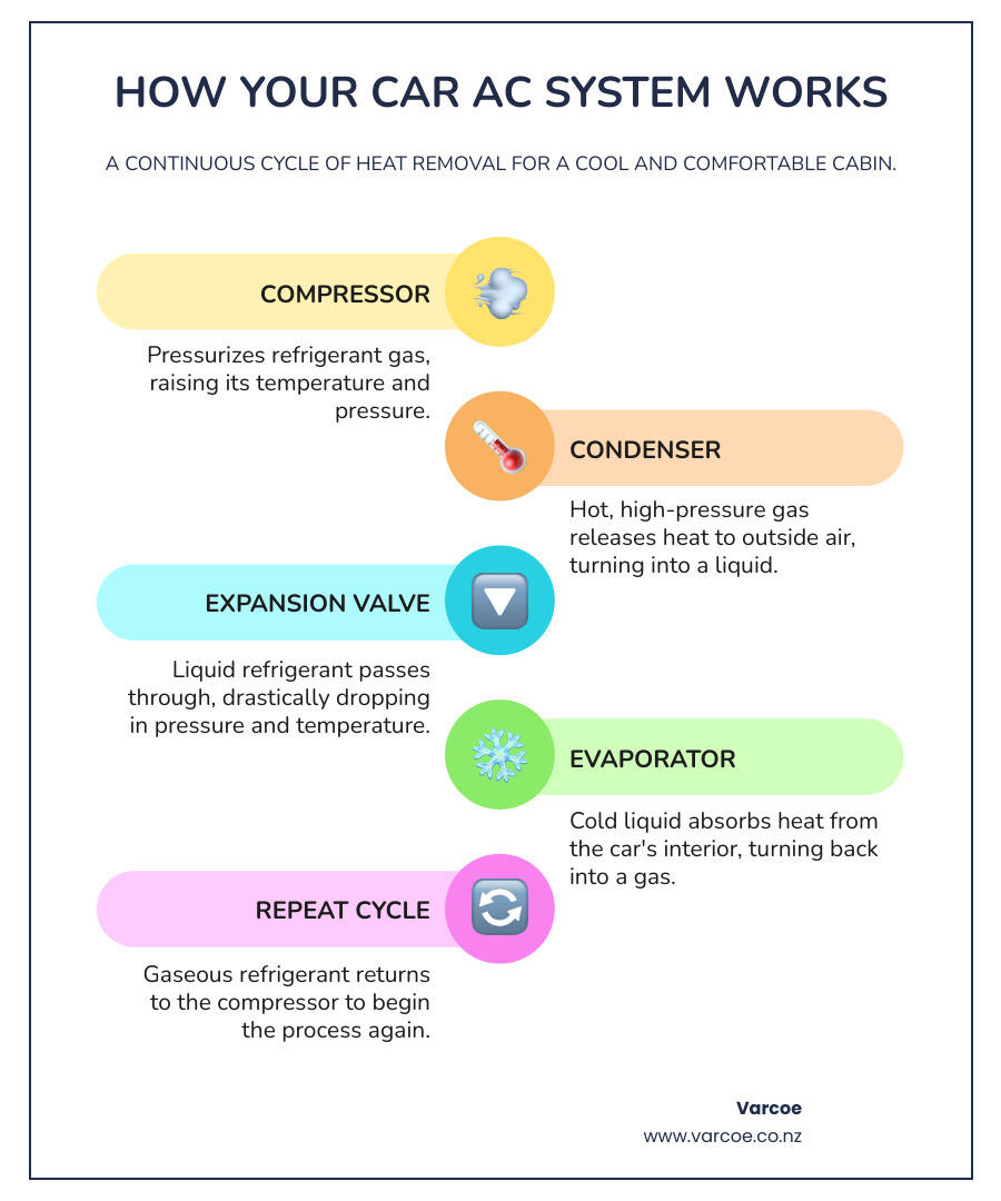 infographic showing the car AC system cycle with labeled components: compressor pressurizing refrigerant, condenser releasing heat outside the car, expansion valve reducing pressure, evaporator absorbing cabin heat, and arrows showing the continuous refrigerant flow between these components - auto air conditioning service infographic infographic-line-5-steps-colors