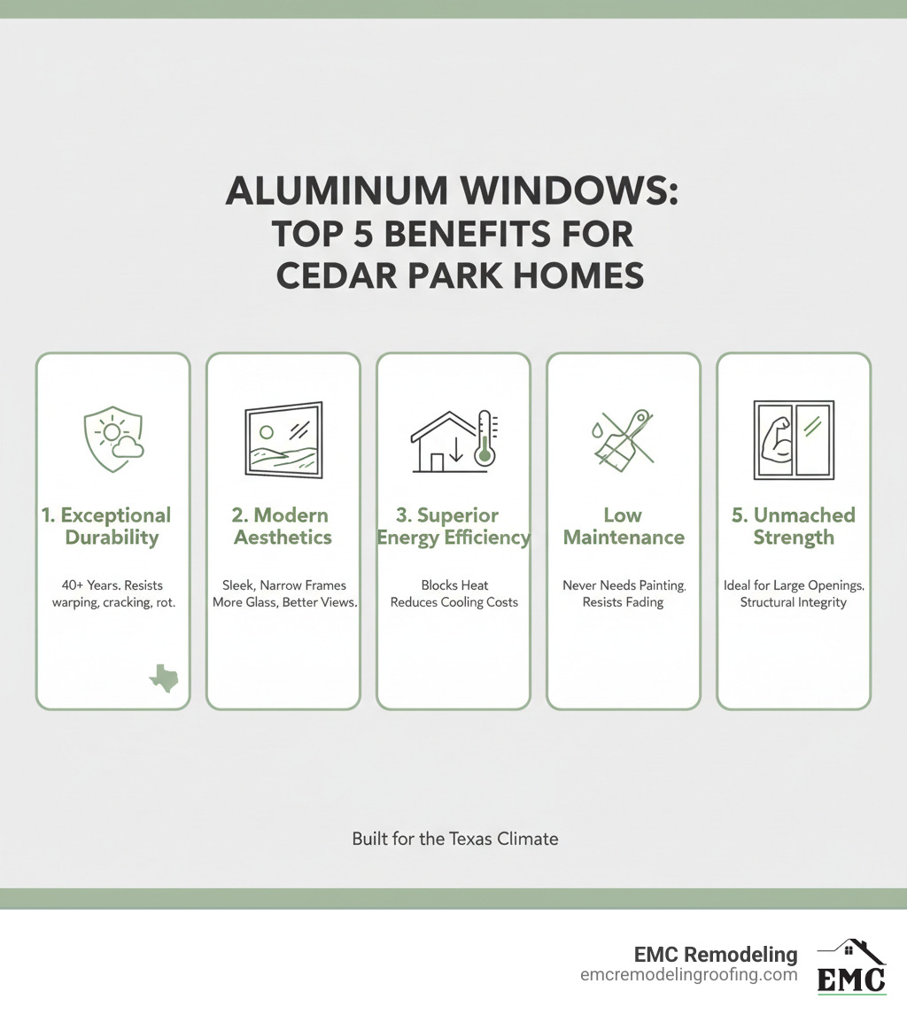 Infographic showing the top 5 benefits of aluminum windows for Cedar Park homes: 1. Exceptional Durability - resistant to warping, cracking, and rotting in extreme Texas heat and humidity, lasting 40+ years; 2. Modern Aesthetics - sleek narrow frames provide more glass area, better views, and contemporary style with popular dark color options; 3. Superior Energy Efficiency - thermally broken technology with U-Values as low as 0.23 and SHGC down to 0.17 blocks heat transfer and reduces cooling costs; 4. Low Maintenance - durable powder-coated finishes never need painting and resist chipping, fading, and weathering; 5. Unmatched Strength - ideal for large window openings and expansive glass areas without sacrificing structural integrity - aluminum windows cedar park infographic 