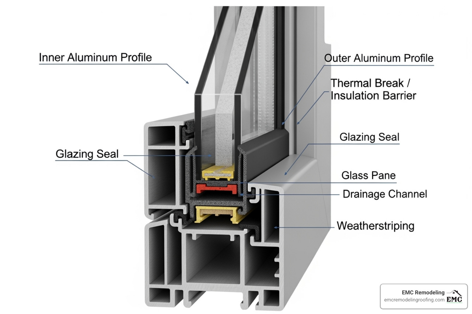 Diagram showing cross-section of a thermally broken aluminum window with insulation barrier - aluminum windows cedar park