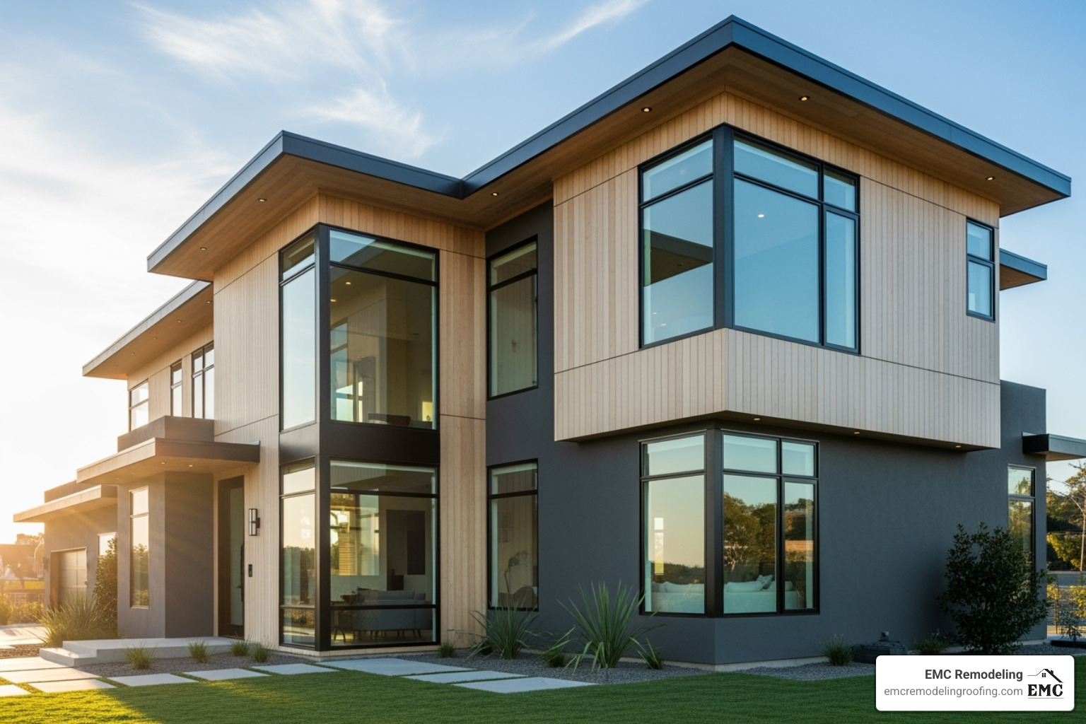 Modern home exterior with large black-framed aluminum windows - aluminum windows cedar park
