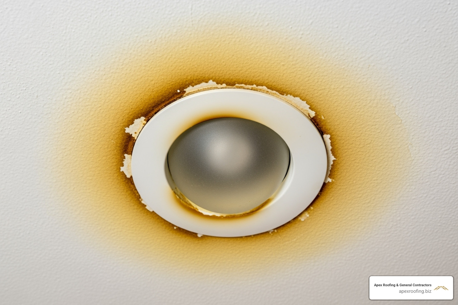 water stains on a ceiling near a light fixture - common roof repairs