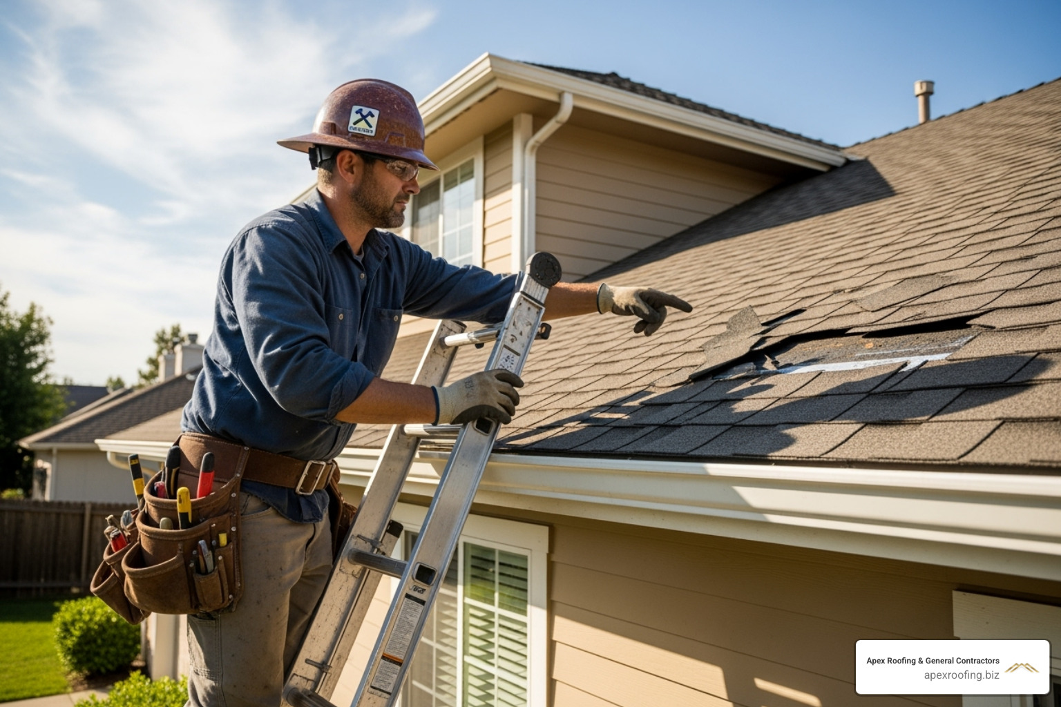 a roofer on a ladder inspecting a damaged section of a roof - common roof repairs