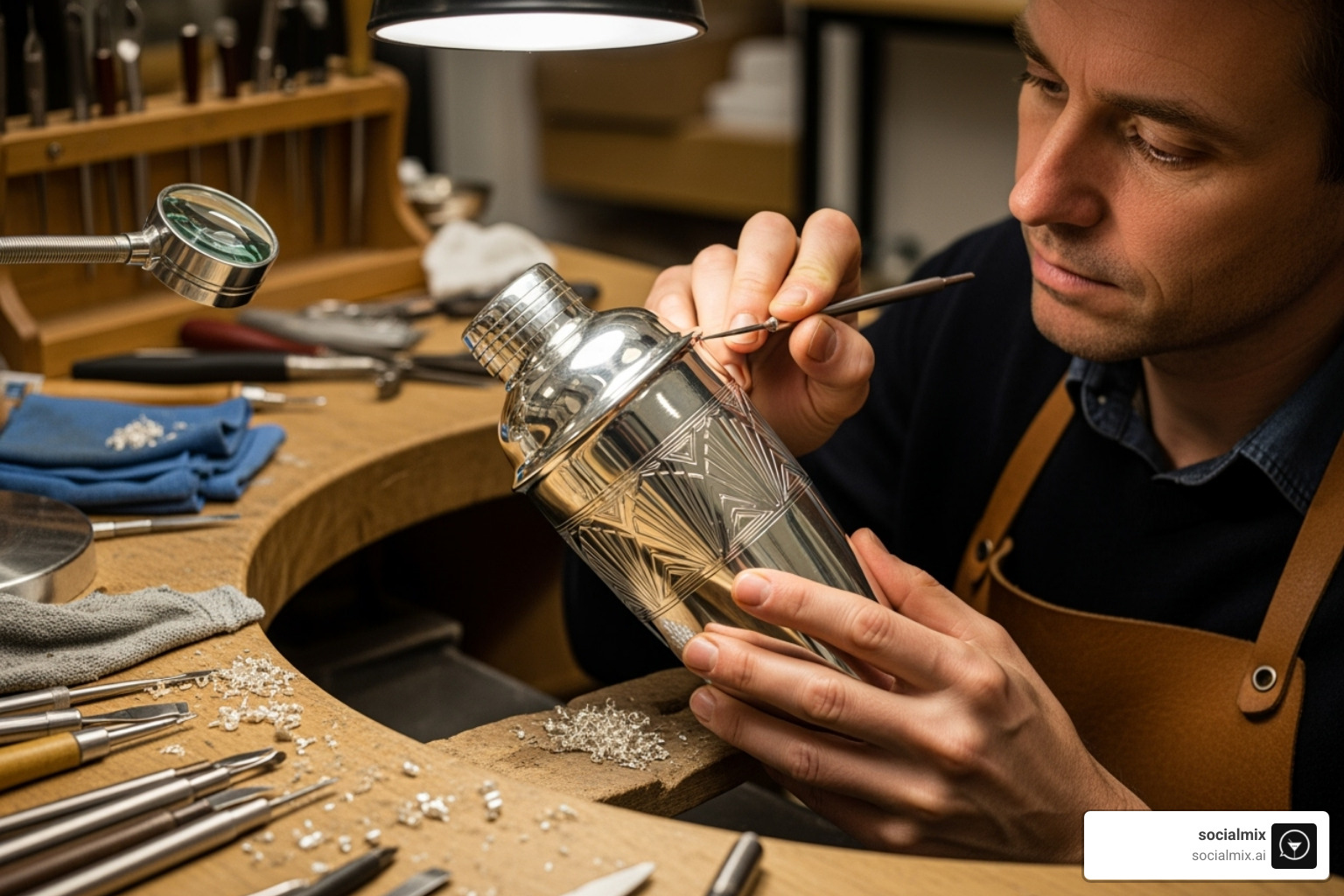 a craftsman hand-engraving a silver cocktail shaker - High-end barware