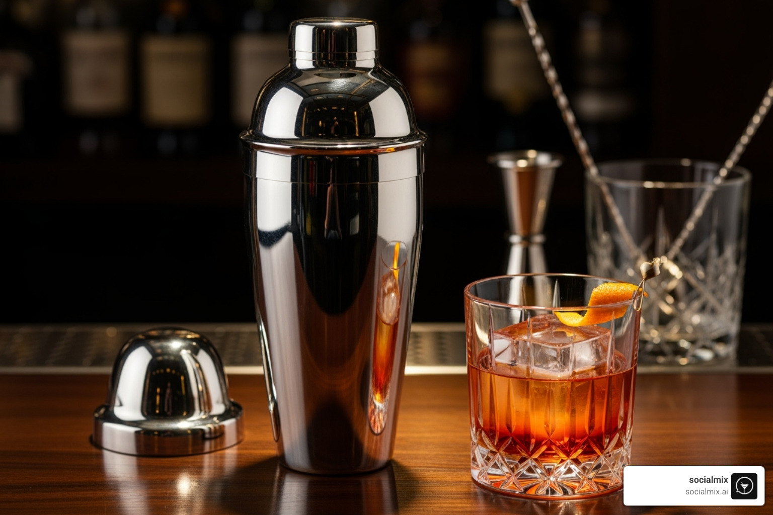 the Christofle Graphik silver-plated cocktail shaker next to a prepared cocktail - High-end barware