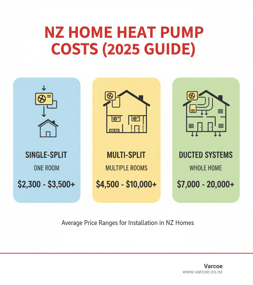 Infographic showing average price ranges for single-split, multi-split, and ducted heat pumps in NZ homes - heat pump installation cost nz infographic 