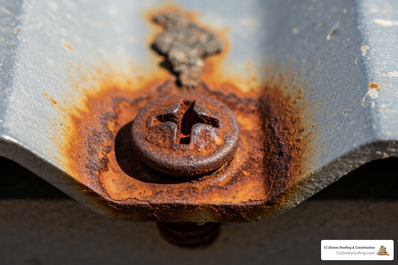 close-up on a rusted screw head on a metal roof panel - residential metal roof repair