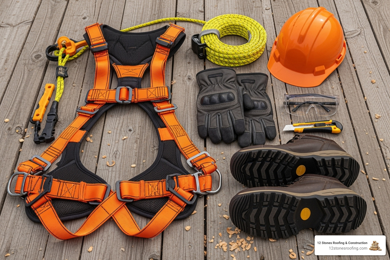 proper roofing safety gear including a harness, non-slip boots, and gloves - residential metal roof repair