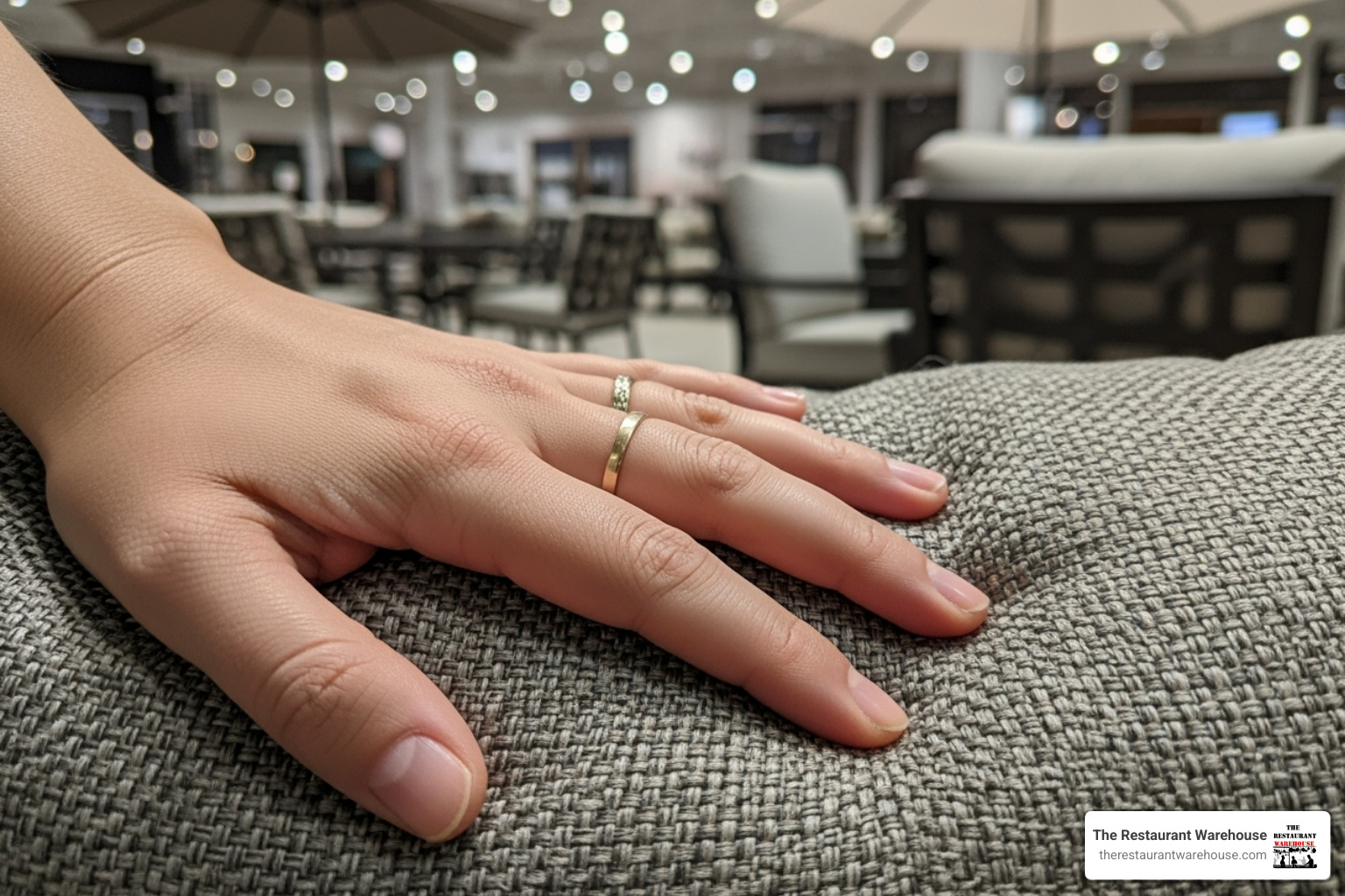 A person's hand touching the fabric of an outdoor cushion in a showroom, with other patio furniture pieces blurred in the background. - outdoor patio furniture Seattle A person's hand touching the fabric of an outdoor cushion in a showroom, with other patio furniture pieces blurred in the background. - outdoor patio furniture Seattle