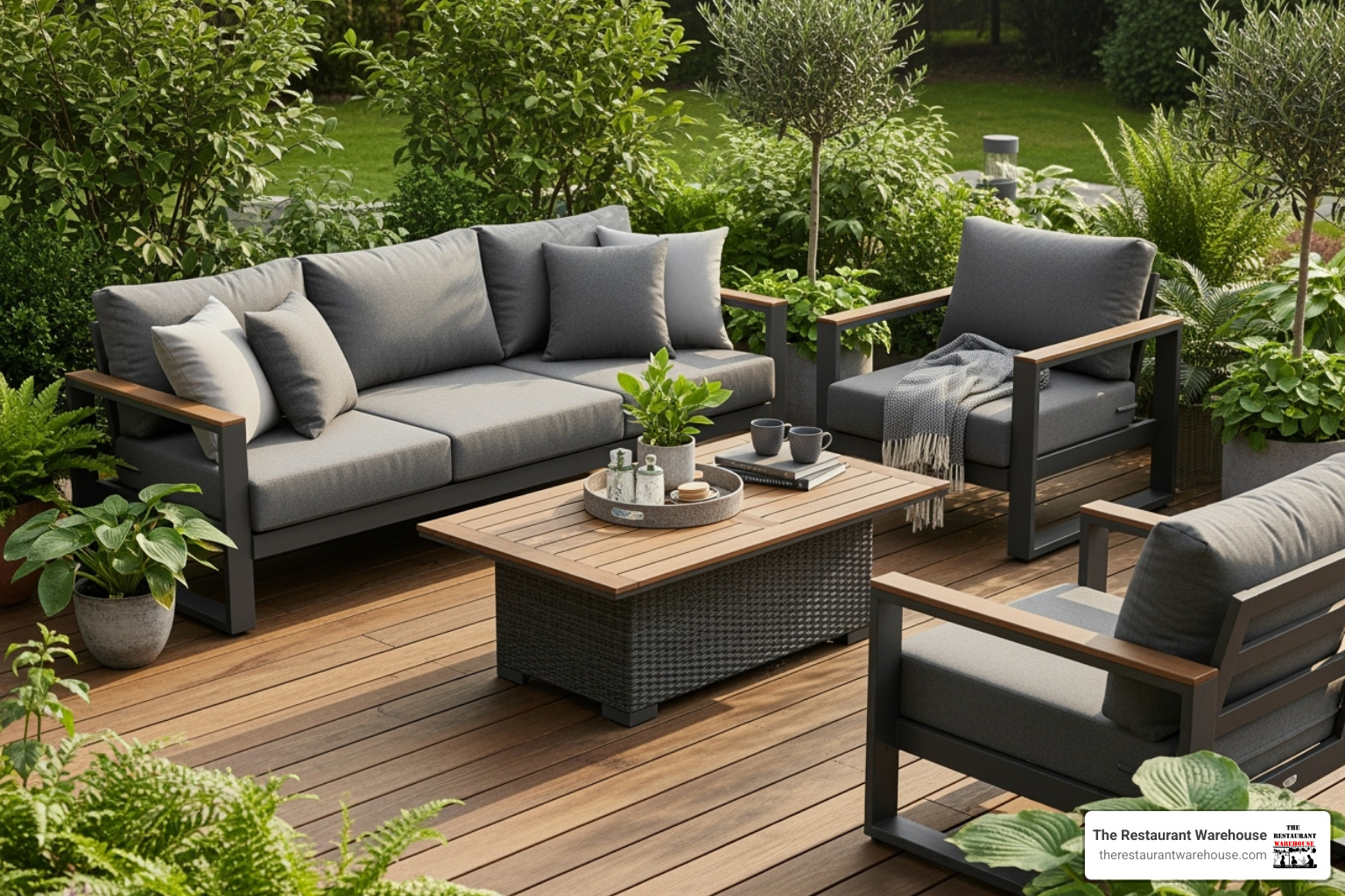 A stylish outdoor deep seating set with a grey sofa, two armchairs, a coffee table, and an ottoman on a wooden deck, surrounded by lush greenery. - outdoor patio furniture Seattle A stylish outdoor deep seating set with a grey sofa, two armchairs, a coffee table, and an ottoman on a wooden deck, surrounded by lush greenery. - outdoor patio furniture Seattle