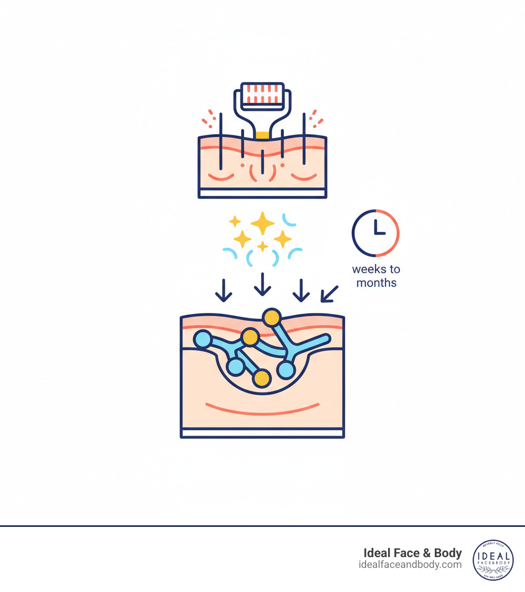 Infographic showing how microneedling works: tiny needles create controlled micro-injuries in the skin, triggering the release of growth factors and cytokines, stimulating fibroblasts to produce new collagen and elastin, which fills in depressed scars and evens out skin texture over a period of weeks to months - derma roller for pimple marks infographic 