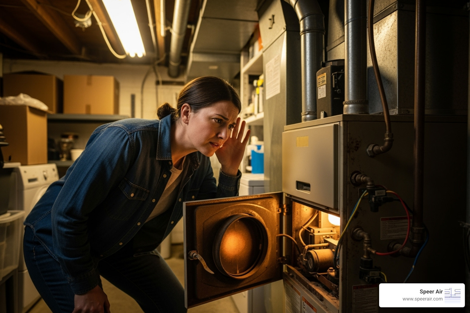 homeowner listening to a noisy furnace - furnace maintenance northern nj homeowner listening to a noisy furnace - furnace maintenance northern nj