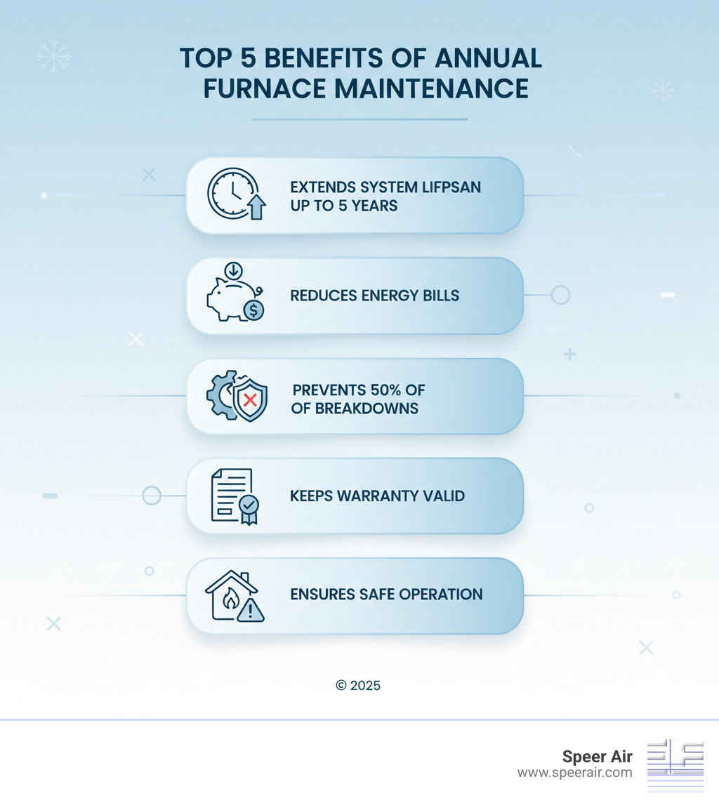 Infographic showing the top 5 benefits of annual furnace maintenance: 1. Extends system lifespan by up to 5 years, 2. Reduces energy bills through improved efficiency, 3. Prevents 50% of emergency breakdowns, 4. Keeps manufacturer warranty valid, 5. Ensures safe operation with CO and gas leak checks - furnace maintenance northern nj infographic Infographic showing the top 5 benefits of annual furnace maintenance: 1. Extends system lifespan by up to 5 years, 2. Reduces energy bills through improved efficiency, 3. Prevents 50% of emergency breakdowns, 4. Keeps manufacturer warranty valid, 5. Ensures safe operation with CO and gas leak checks - furnace maintenance northern nj infographic