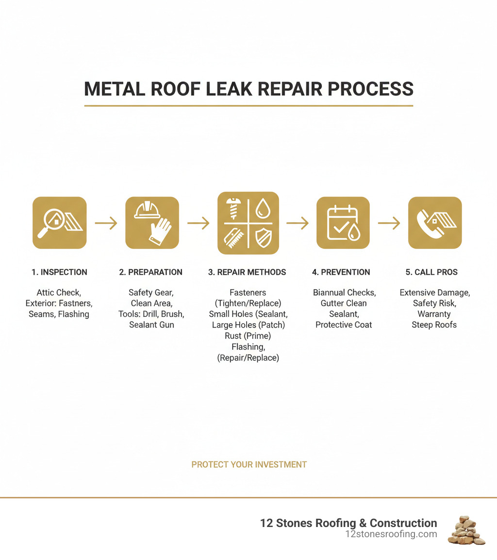 Infographic showing the complete metal roof leak repair process: 1) Inspection and leak location (attic check, exterior examination of fasteners, seams, flashing), 2) Preparation (safety equipment, cleaning damaged areas, gathering tools like drill, wire brush, caulking gun), 3) Repair methods by type (fastener tightening/replacement with new washers, small hole sealing with polyurethane sealant, large hole patching with metal sheets, rust removal and primer application, flashing repair/replacement), 4) Prevention (biannual inspections, gutter cleaning, sealant checks, protective coatings), and 5) When to call professionals (extensive damage, safety concerns, warranty protection, steep roofs) - leaking metal roof repair infographic  Infographic showing the complete metal roof leak repair process: 1) Inspection and leak location (attic check, exterior examination of fasteners, seams, flashing), 2) Preparation (safety equipment, cleaning damaged areas, gathering tools like drill, wire brush, caulking gun), 3) Repair methods by type (fastener tightening/replacement with new washers, small hole sealing with polyurethane sealant, large hole patching with metal sheets, rust removal and primer application, flashing repair/replacement), 4) Prevention (biannual inspections, gutter cleaning, sealant checks, protective coatings), and 5) When to call professionals (extensive damage, safety concerns, warranty protection, steep roofs) - leaking metal roof repair infographic