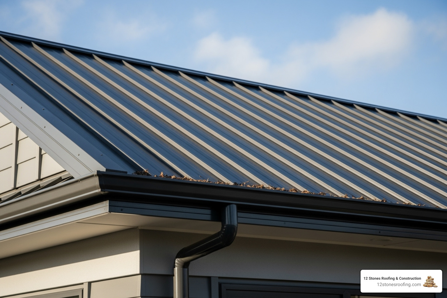 Clean, well-maintained gutters on a metal roof, free of debris - leaking metal roof repair Clean, well-maintained gutters on a metal roof, free of debris - leaking metal roof repair