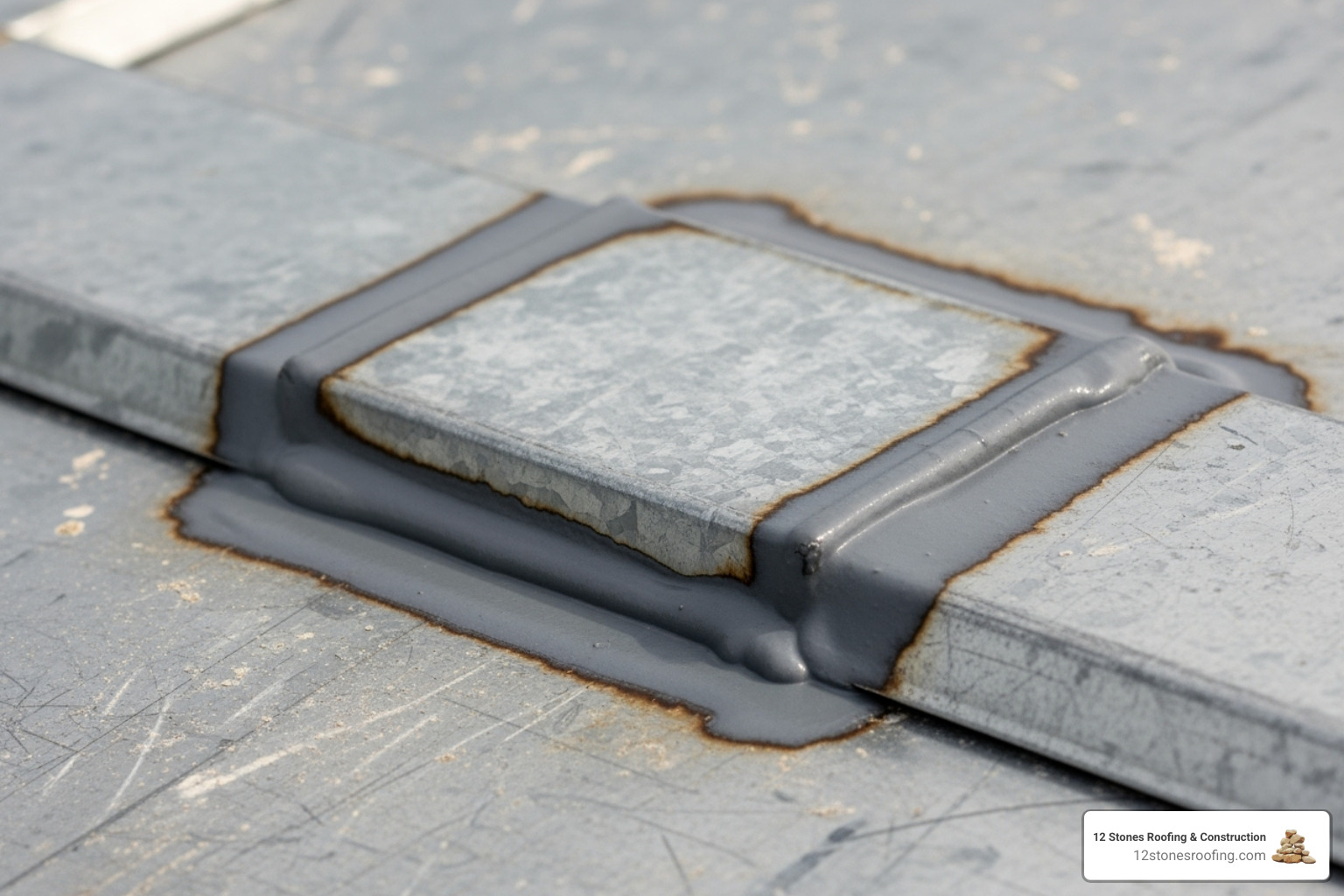 A properly sealed metal patch over a repaired hole on a metal roof, with sealant visible around the edges - leaking metal roof repair A properly sealed metal patch over a repaired hole on a metal roof, with sealant visible around the edges - leaking metal roof repair