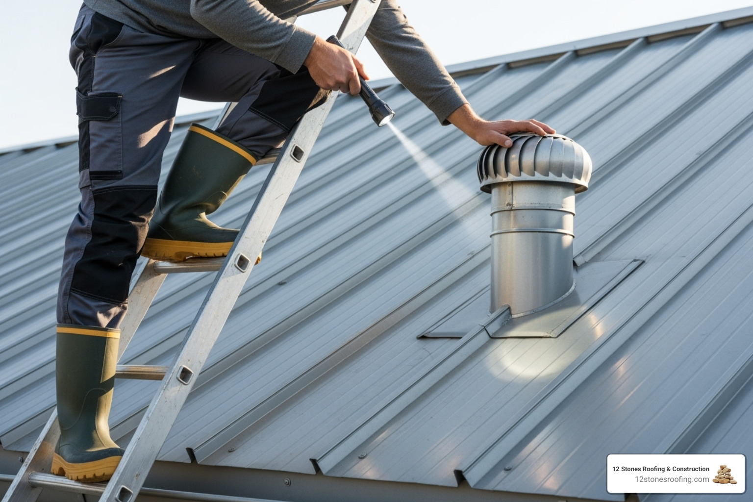 A person safely inspecting a metal roof from a ladder, focusing on a vent pipe, using a flashlight - leaking metal roof repair A person safely inspecting a metal roof from a ladder, focusing on a vent pipe, using a flashlight - leaking metal roof repair
