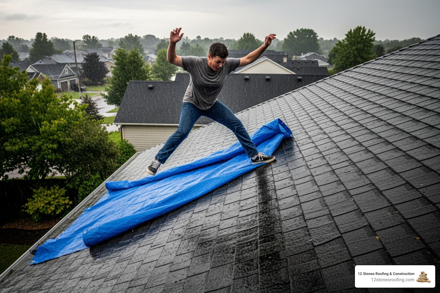 An image illustrating the dangers of a person attempting to tarp a steep, wet roof without proper safety gear, showing them losing balance - roof tarping service An image illustrating the dangers of a person attempting to tarp a steep, wet roof without proper safety gear, showing them losing balance - roof tarping service