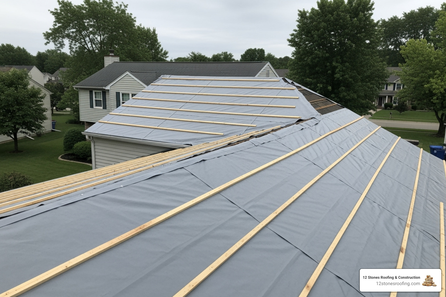 A damaged residential roof expertly covered with a taut, grey professional tarp, secured with wood battens, showing clear protection against the elements - roof tarping service A damaged residential roof expertly covered with a taut, grey professional tarp, secured with wood battens, showing clear protection against the elements - roof tarping service