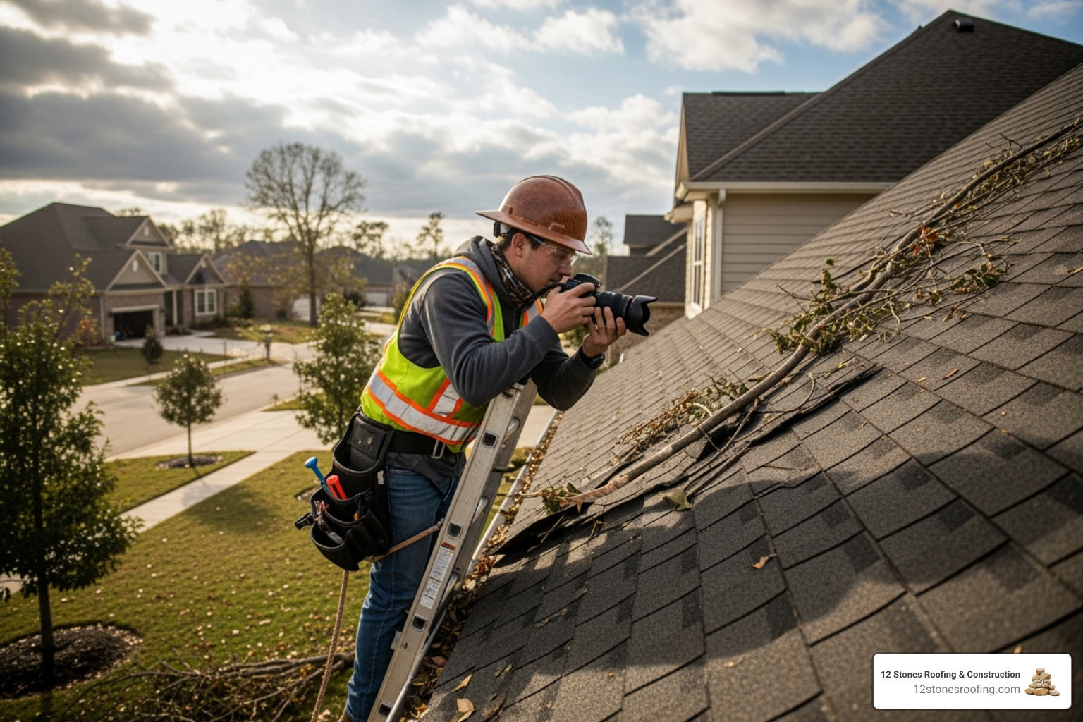 A roofer carefully inspecting a storm-damaged roof from a secure ladder, documenting the damage with a camera - roof tarping service A roofer carefully inspecting a storm-damaged roof from a secure ladder, documenting the damage with a camera - roof tarping service