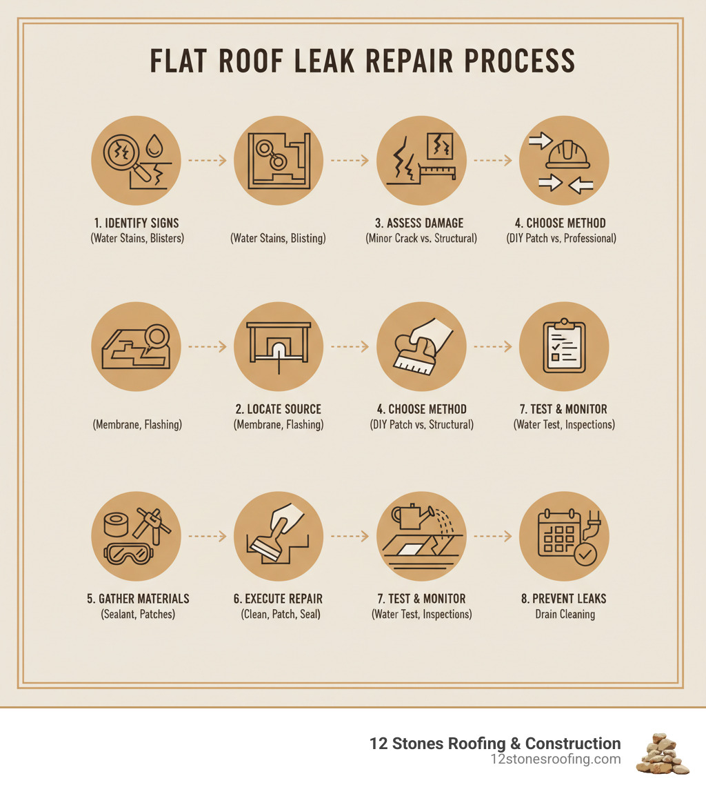 Infographic showing the flat roof leak repair process: 1. Identify signs of leaks (water stains, blisters, ponding), 2. Locate the source (check membrane, flashing, drains), 3. Assess damage severity (minor crack vs structural issue), 4. Choose repair method (DIY patch for small leaks, professional service for extensive damage), 5. Gather materials (sealant, patches, safety gear), 6. Execute repair (clean, dry, patch, seal), 7. Test and monitor (spray water test, regular inspections), 8. Prevent future leaks (maintenance schedule, drain cleaning) - leaky flat roof repair infographic Infographic showing the flat roof leak repair process: 1. Identify signs of leaks (water stains, blisters, ponding), 2. Locate the source (check membrane, flashing, drains), 3. Assess damage severity (minor crack vs structural issue), 4. Choose repair method (DIY patch for small leaks, professional service for extensive damage), 5. Gather materials (sealant, patches, safety gear), 6. Execute repair (clean, dry, patch, seal), 7. Test and monitor (spray water test, regular inspections), 8. Prevent future leaks (maintenance schedule, drain cleaning) - leaky flat roof repair infographic