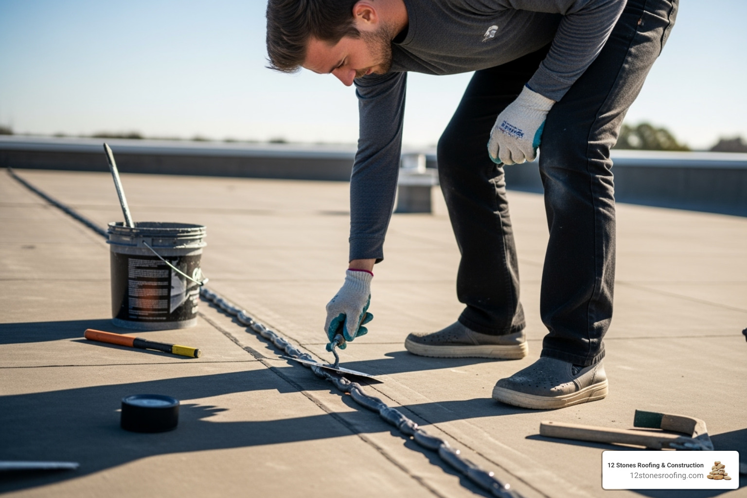 A person safely working on a flat roof, wearing non-slip shoes and gloves, using a trowel to apply sealant. - leaky flat roof repair A person safely working on a flat roof, wearing non-slip shoes and gloves, using a trowel to apply sealant. - leaky flat roof repair