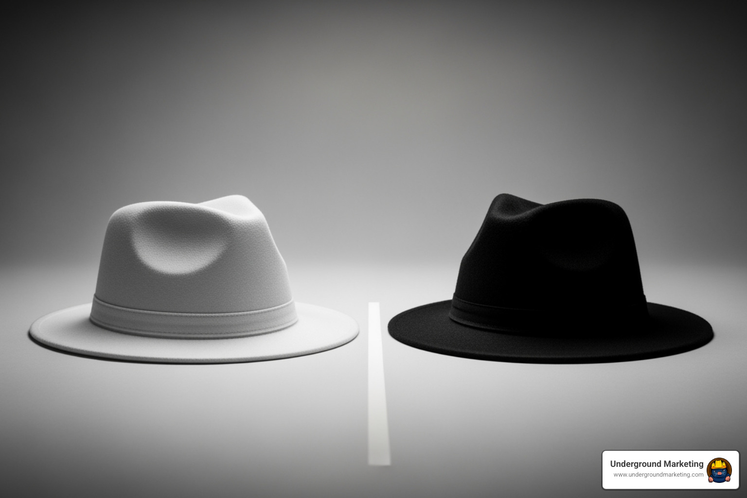 A white hat and a black hat side-by-side, symbolizing ethical and unethical link building - link building marketing