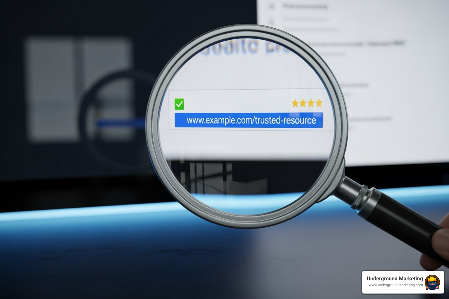 Magnifying glass examining a link with quality indicators - link building marketing