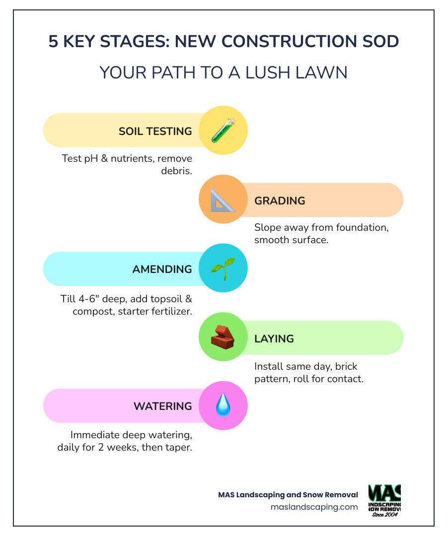 infographic showing 5 key stages: Stage 1 - Soil Testing (test pH and nutrients, remove debris), Stage 2 - Grading (slope away from foundation, smooth surface), Stage 3 - Amending (till 4-6 inches deep, add topsoil and compost, apply starter fertilizer), Stage 4 - Laying (install same day as delivery, brick pattern, roll for contact), Stage 5 - Watering (immediate deep watering, daily for 2 weeks, then taper off) - laying sod on new construction infographic infographic-line-5-steps-colors